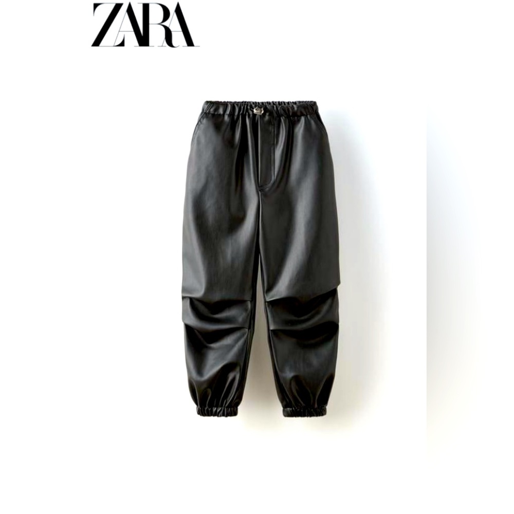Zara Kids Parachute Pants Joggers Faux Leather Black Size 10 Years